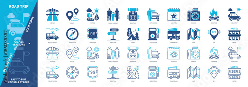 Road Trip icon set. Camera, Highway, Family Holiday, Motel, Gas Station, Hitchhiking, Navigation, Camp Fire. Duotone color solid and editable outline icons