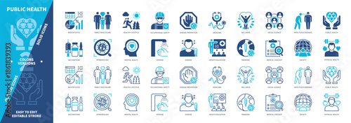 Public Health icon set. Wellness, Physical Health, Healthy Lifestyle, Vaccination, Pandemic, Epidemiology, Disease, Family. Duotone color solid and editable outline icons