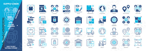 Supply Chain icon set. Inventory, Security, Manufacturer, Transportation, Logistics, Globalization, Forklift, Customers. Duotone color solid and editable outline icons
