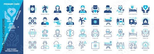Primary Care icon set. Ambulance, Emergency, Blood Transportation, Accident, Rescuer, Hospital, First Aid, Surgery. Duotone color solid and editable outline icons