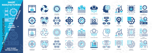 Smart Manufacturing icon set. 3D Printing, Advanced Robotics, Recyclability, Automation, Efficiency, Technology, Supply Chain, Cloud Computing. Duotone color solid and editable outline icons