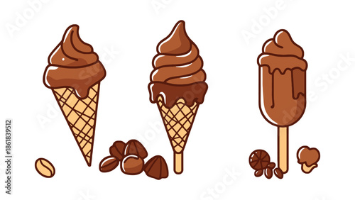 Delicious assortment of chocolate ice cream treats on a white background.