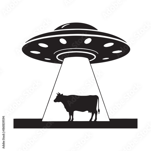 UFO Alien Spaceship Abducting a Cow With a Light Beam Vector Illustration.