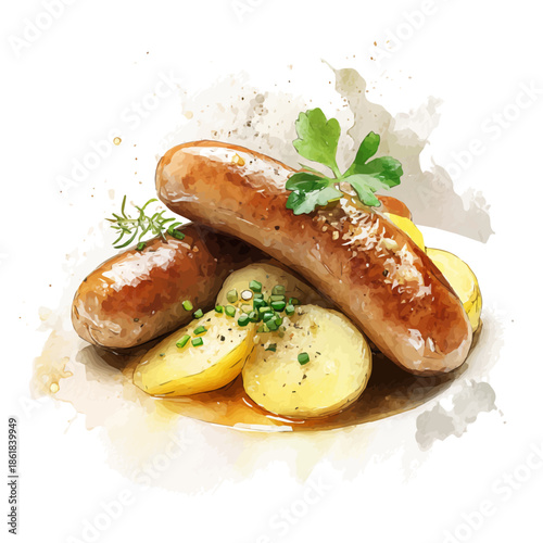 watercolor of Bangers And Mash, vector, isolated on a white background.