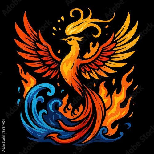 Mythical Phoenix Rising from Fire and Water, Vector Emblem Illustration on Black Background