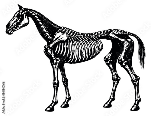 Hand drawn line art illustration of a horse skeleton depicting its anatomical structure for scientific and educational purposes
