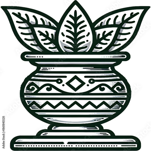Sacred Vessel of Traditions: This emblem portrays a beautifully decorated pot, adorned with intricate designs, cradling verdant leaves, symbolizing life, spirituality, and reverence.