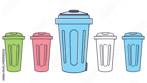 Colorful collection of various sized trash cans arranged in a row