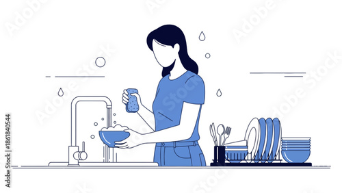 Woman washing dishes at kitchen sink with clean plates drying