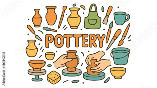 Creative hands shaping clay on pottery wheel, surrounded by tools and finished ceramic pieces.