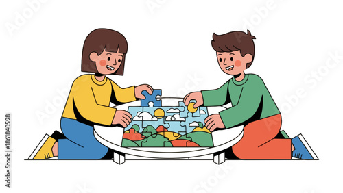 Two happy children collaborating to complete a vibrant landscape puzzle together