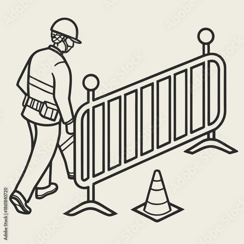 Construction worker setting up barrier