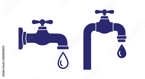 Two dark blue faucet icons with single water drops on a white background