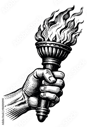 Hand drawn line art illustration of a human hand holding a torch depicting a blazing flame for concepts of freedom, enlightenment, or victory