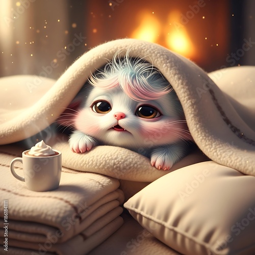 An adorable, fluffy creature with big eyes peeks out from a cozy blanket beside a warm drink and a fireplace glow