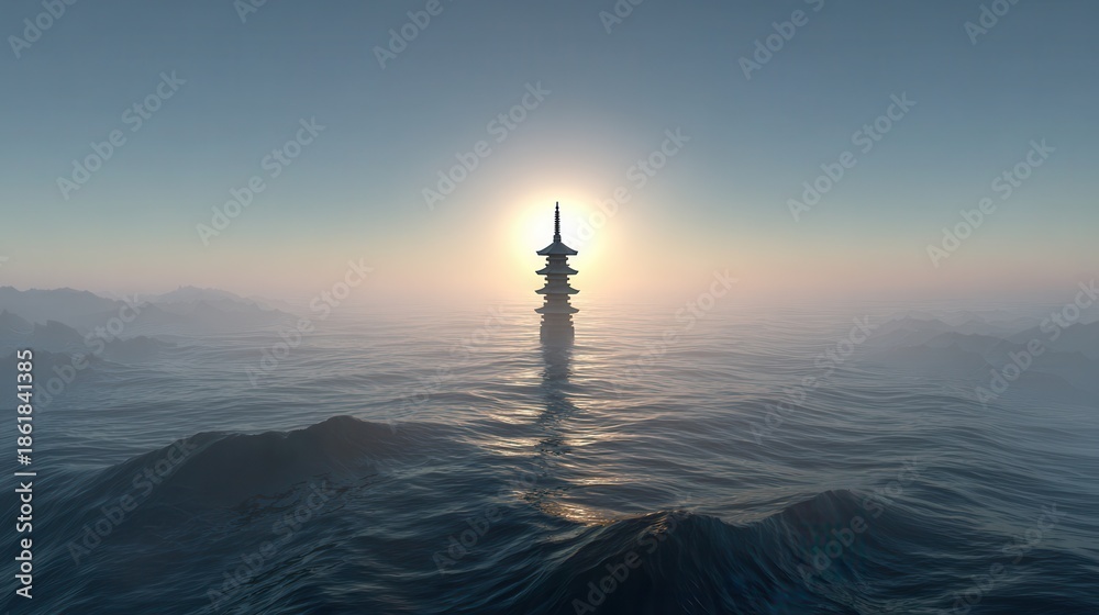 Obraz premium Distant Pagoda Silhouette Above Calm Ocean During Sunset