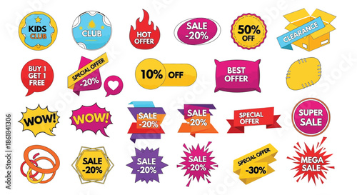 A colorful collection of sale stickers and banners on a white background