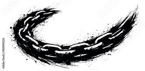 Grunge brush stroke illustration of a chain depicting a curving segment within a textured ink splash for powerful graphic design