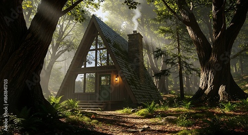 An A-frame cabin, smoke curling from the chimney, nestled amongst verdant trees in a sunlit forest