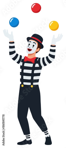 Circus clown mime juggling colorful balls.
