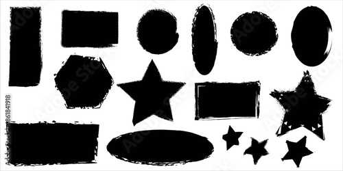 A collection of various black shapes on a white background including stars and geometric forms