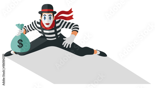 Crouching mime thief with money bag illustration.