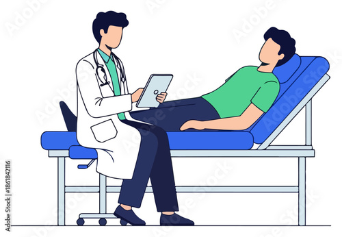 Doctor consulting patient on examination table illustration.