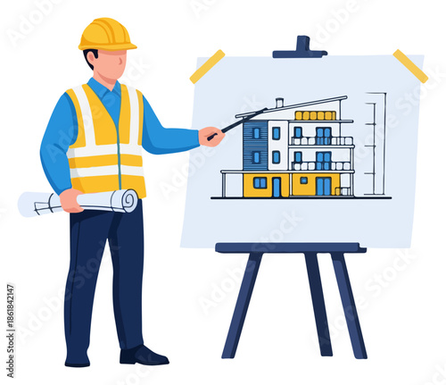 Engineer in safety gear presenting architectural blueprint.