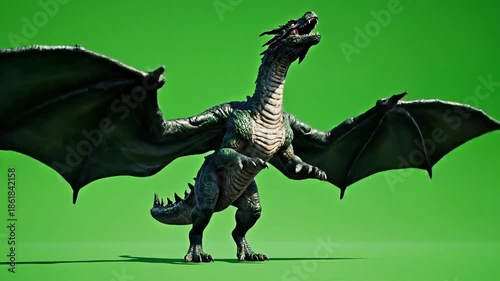 Fierce dragon creature with sharp spikes and scales on green background