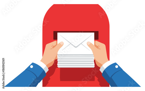 Hands inserting multiple envelopes into red mailbox.