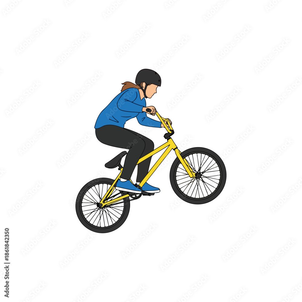 Fototapeta premium Woman Riding Yellow Mountain Bike Downhill.
