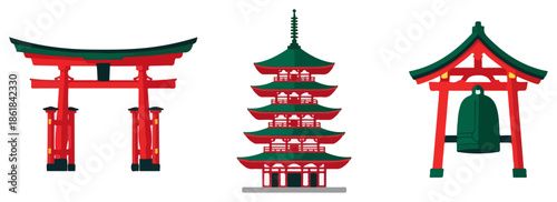 Traditional Japanese torii pagoda and bell pavilion icons.