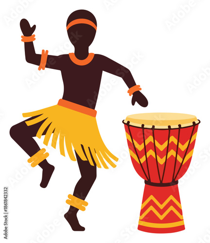 Traditional dancer performing beside vibrant djembe drum.