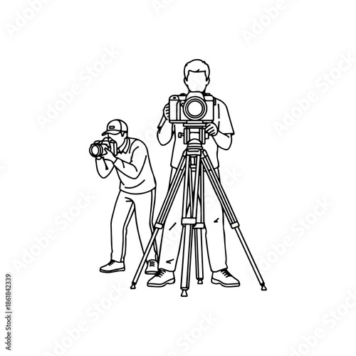 Two Photographers Capturing Moments with Cameras and Tripod.
