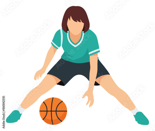 Female basketball player in wide dribble stance.