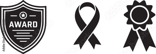 Award ribbon and shield icon set vector with achievement badge symbols, minimalist black and white recognition design