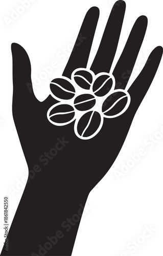 Hand holding handful of beans, fingers slightly spread, organic silhouette
