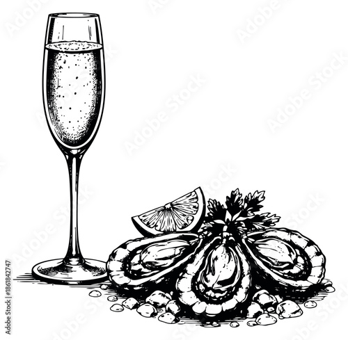 Hand drawn line art food and beverage set featuring a champagne flute, fresh oysters, and a lemon slice for restaurant menus
