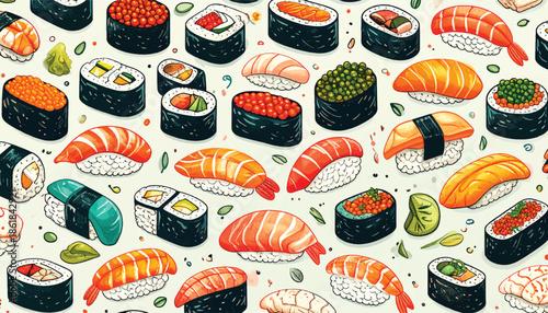 Assorted Sushi and Maki Rolls Seamless Pattern Illustration.