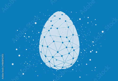 Abstract Representation of a Technological Network Symbolized by a Geometric Egg with Circulating Digital Nodes against a Solid Blue Background