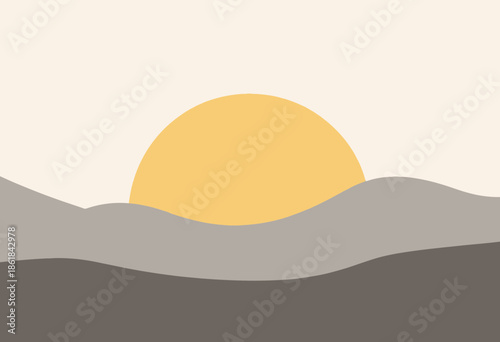 Abstract Minimalist Art with Rising Sun and Layered Grey Curves Creating a Serene and Calming Horizon Scene