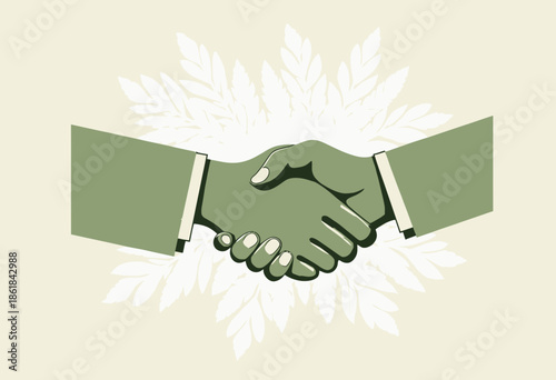 Illustration of an Environmentally-Conscious Handshake Symbolizing Eco-Friendly Partnerships and Sustainable Collaboration Amidst Green Foliage