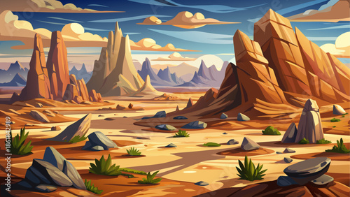 Rocky desert landscape with stone formations and dry terrain