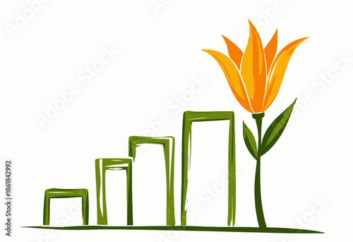 Illustration of a Vibrant Orange Flower Symbolizing Growth Next to Ascending Green Bars Representing Progress and Development in Nature and Business