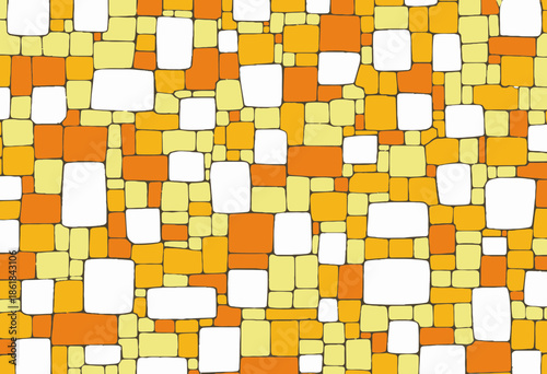 Vibrant Mosaic Pattern with Interlocking Orange and Yellow Geometric Squares and Rectangles on a White Background