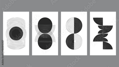 Modern geometric art with black and white circular patterns