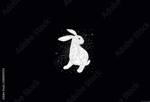 Geometric Low-Poly Illustration of a Rabbit on a Dark Background with Radiating Lines Highlighting Artistic Design