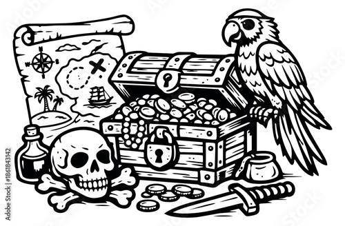 Hand drawn line art pirate adventure set featuring a treasure chest, map, skull, and parrot for adventure and exploration