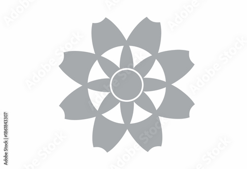 Monochromatic Geometric Flower Pattern with Seamless Symmetrical Design and Circular Center on White Background
