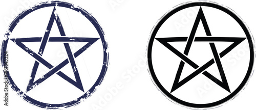 Pentagram symbol set with grunge and clean circular designs, mystical occult star icons isolated on white background vector